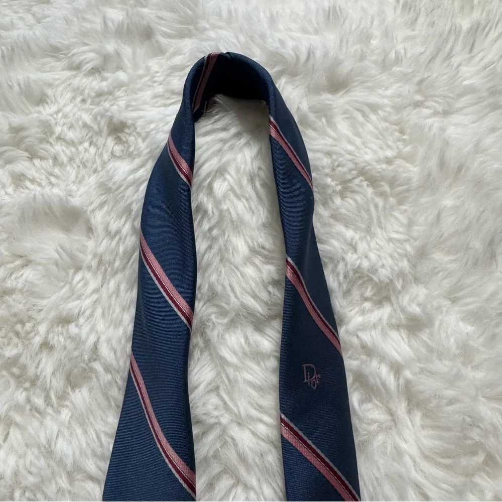 Christian Dior Navy and Light Pink Striped Tie